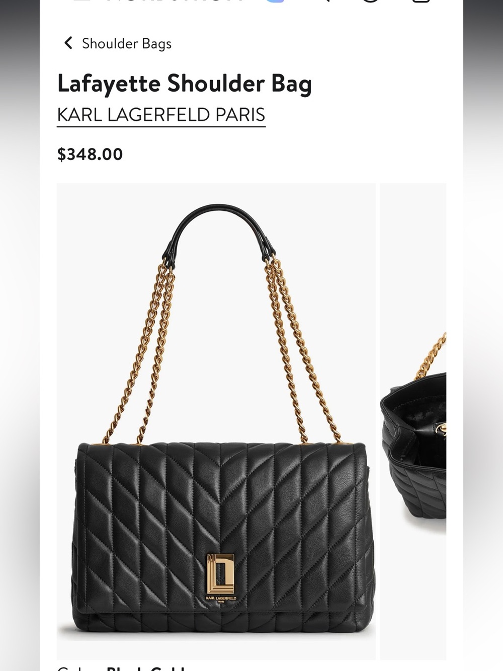 Karl Lagerfeld Black Quilted Lafayette Shoulder Bag with Gold Chain